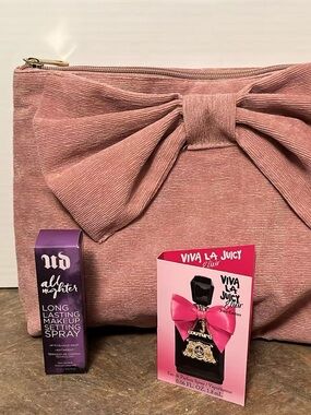 Blush Pink Corduroy Bow Cosmetic Pouch